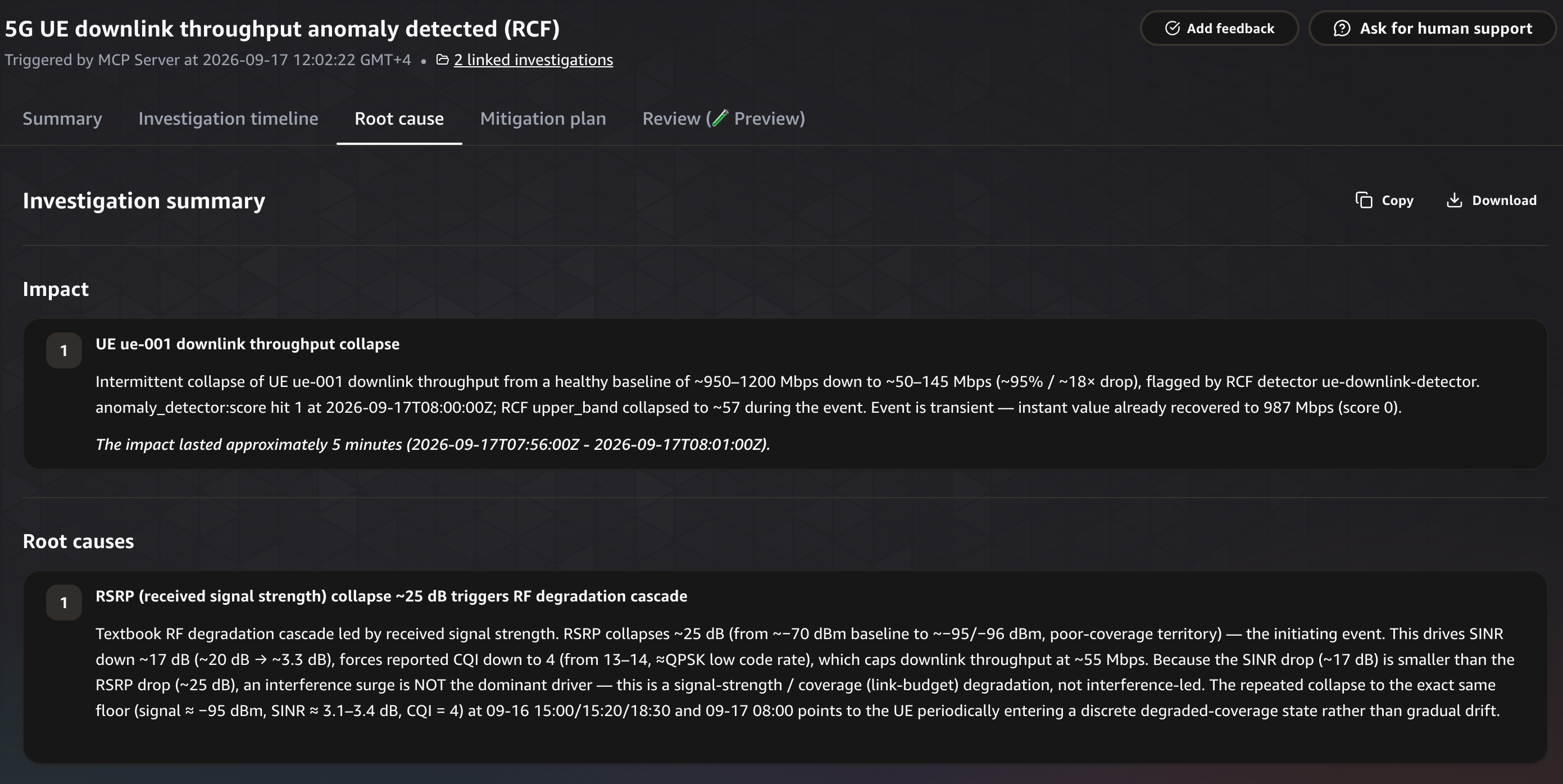 AWS DevOps Agent investigation report in the Operator Web App titled 5G UE downlink throughput anomaly detected (RCF). The Impact section describes UE ue-001 downlink throughput collapsing from about 950 to 1200 Mbps down to about 50 to 145 Mbps, roughly a 95 percent drop, flagged by RCF detector ue-downlink-detector with anomaly score 1.0. The Root causes section identifies an RSRP signal-strength collapse of about 25 dB cascading through SINR and CQI to cap throughput, classified as a coverage or link-budget degradation rather than interference.